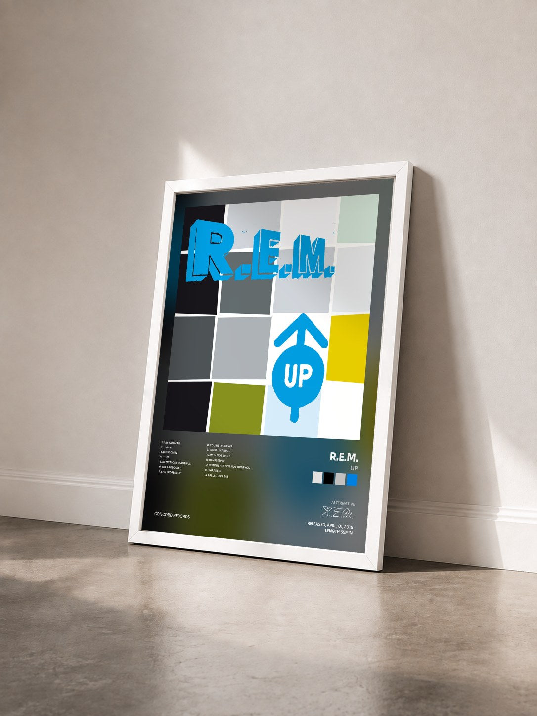 #blanc Tableau de l'album Up de R.E.M. vu de trois quarts, cadre blanc