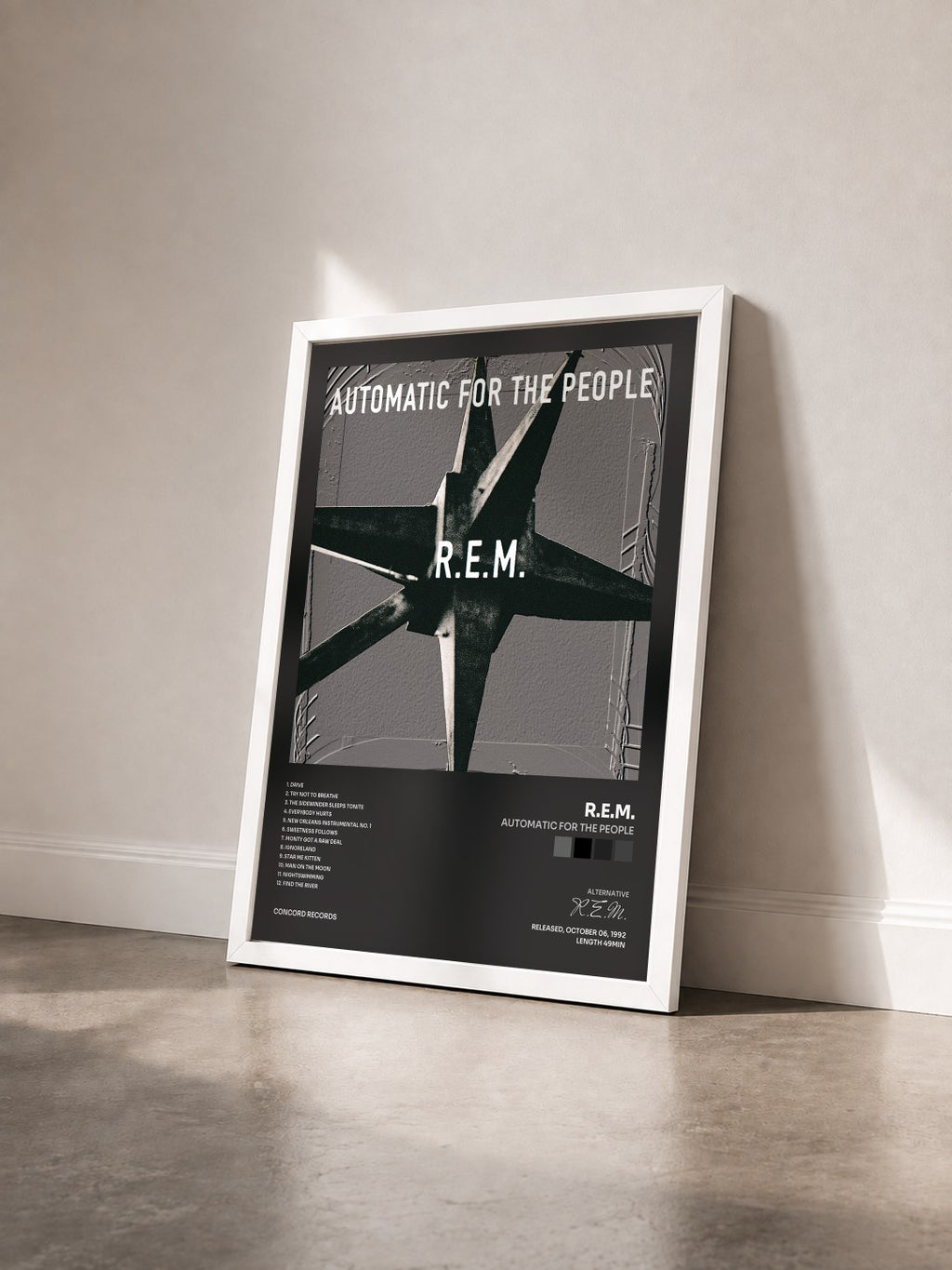 #blanc Tableau de l'album Automatic For The People de R.E.M. vu de trois quarts, cadre blanc
