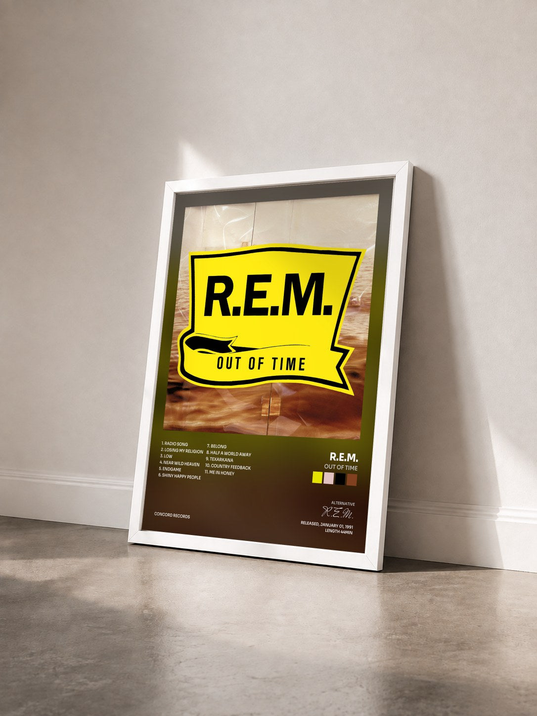 #blanc Out Of Time by R.E.M. as a framed art print seen at an angle, white frame