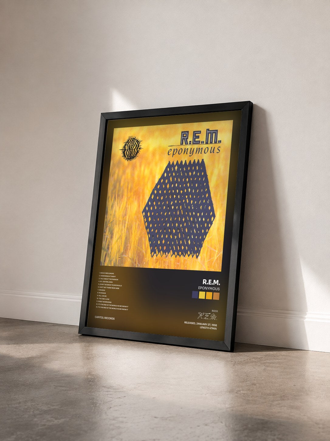 #noir Tableau de l'album Eponymous de R.E.M. vu de trois quarts, cadre noir
