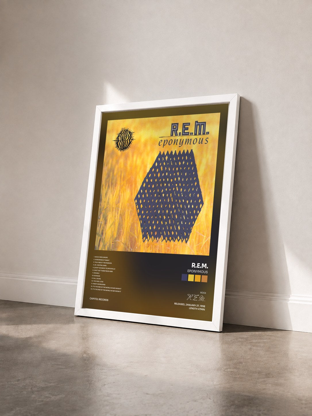 #blanc Tableau de l'album Eponymous de R.E.M. vu de trois quarts, cadre blanc