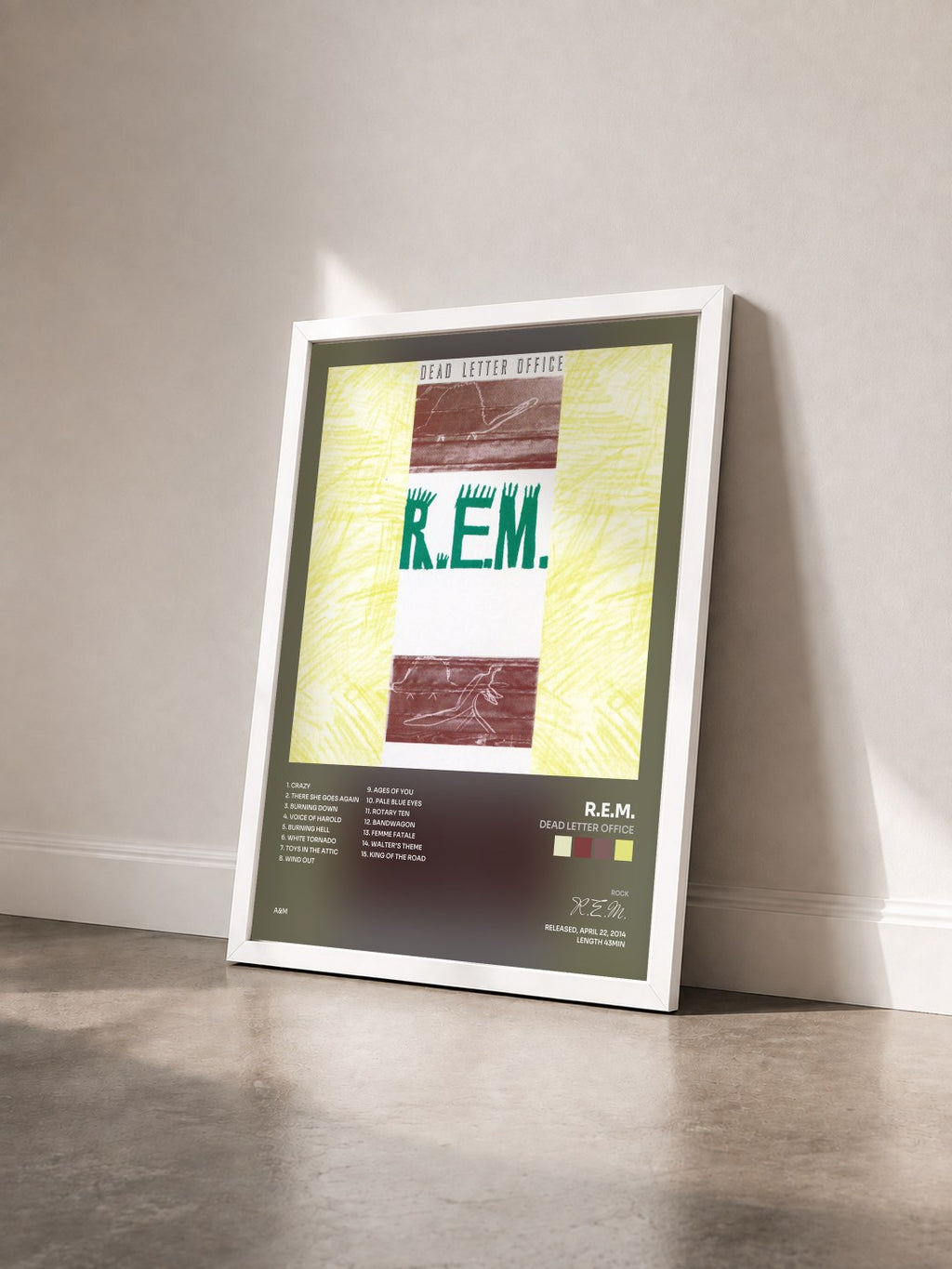 #blanc Tableau de l'album Dead Letter Office de R.E.M. vu de trois quarts, cadre blanc