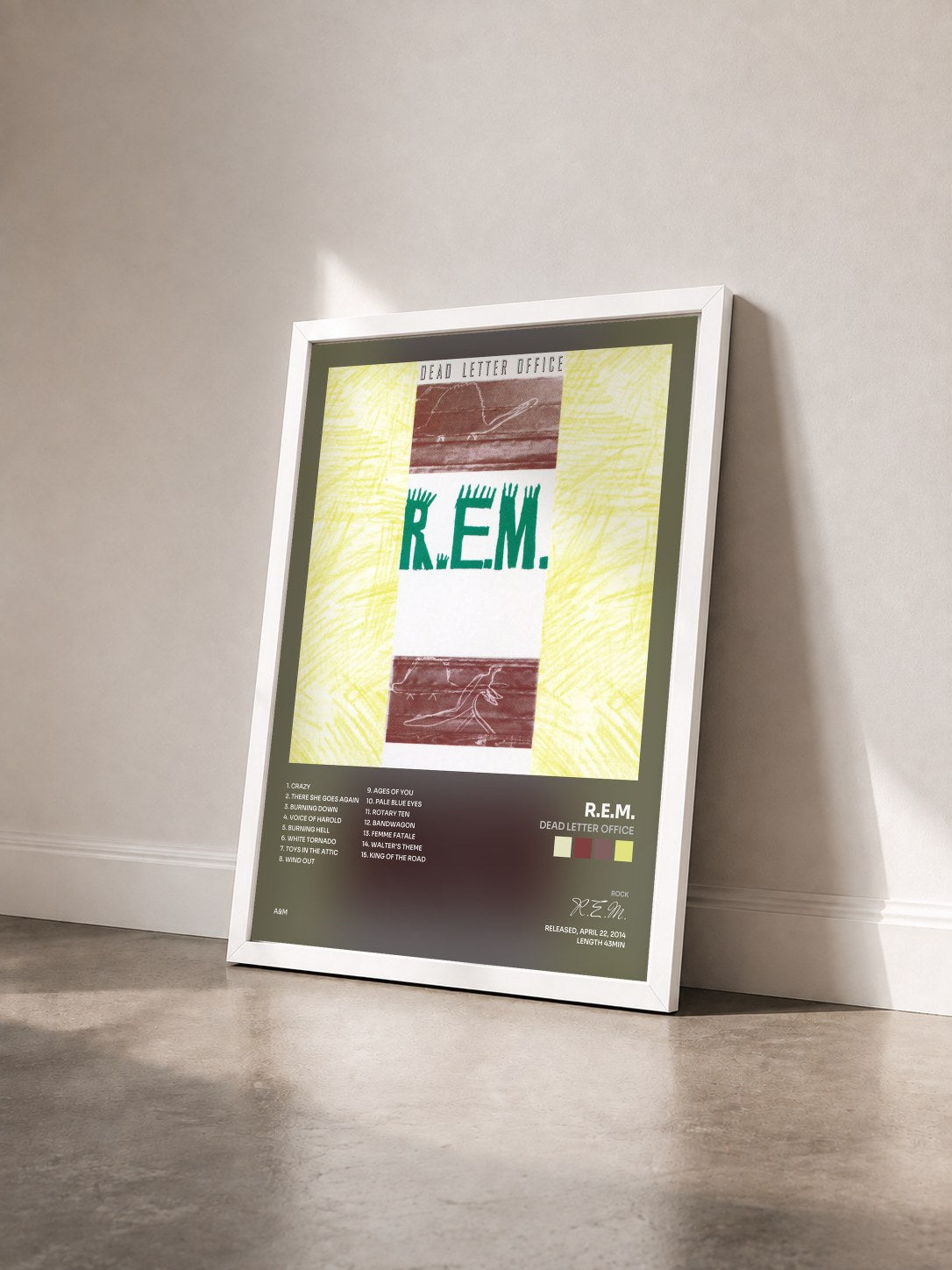 #blanc Tableau de l'album Dead Letter Office de R.E.M. vu de trois quarts, cadre blanc