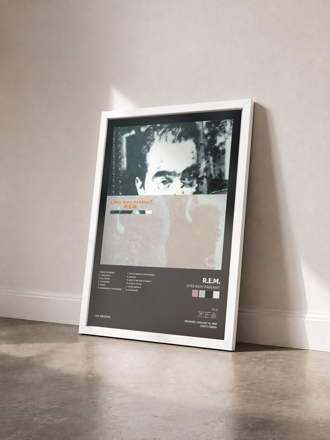 #blanc Tableau de l'album Lifes Rich Pageant de R.E.M. vu de trois quarts, cadre blanc