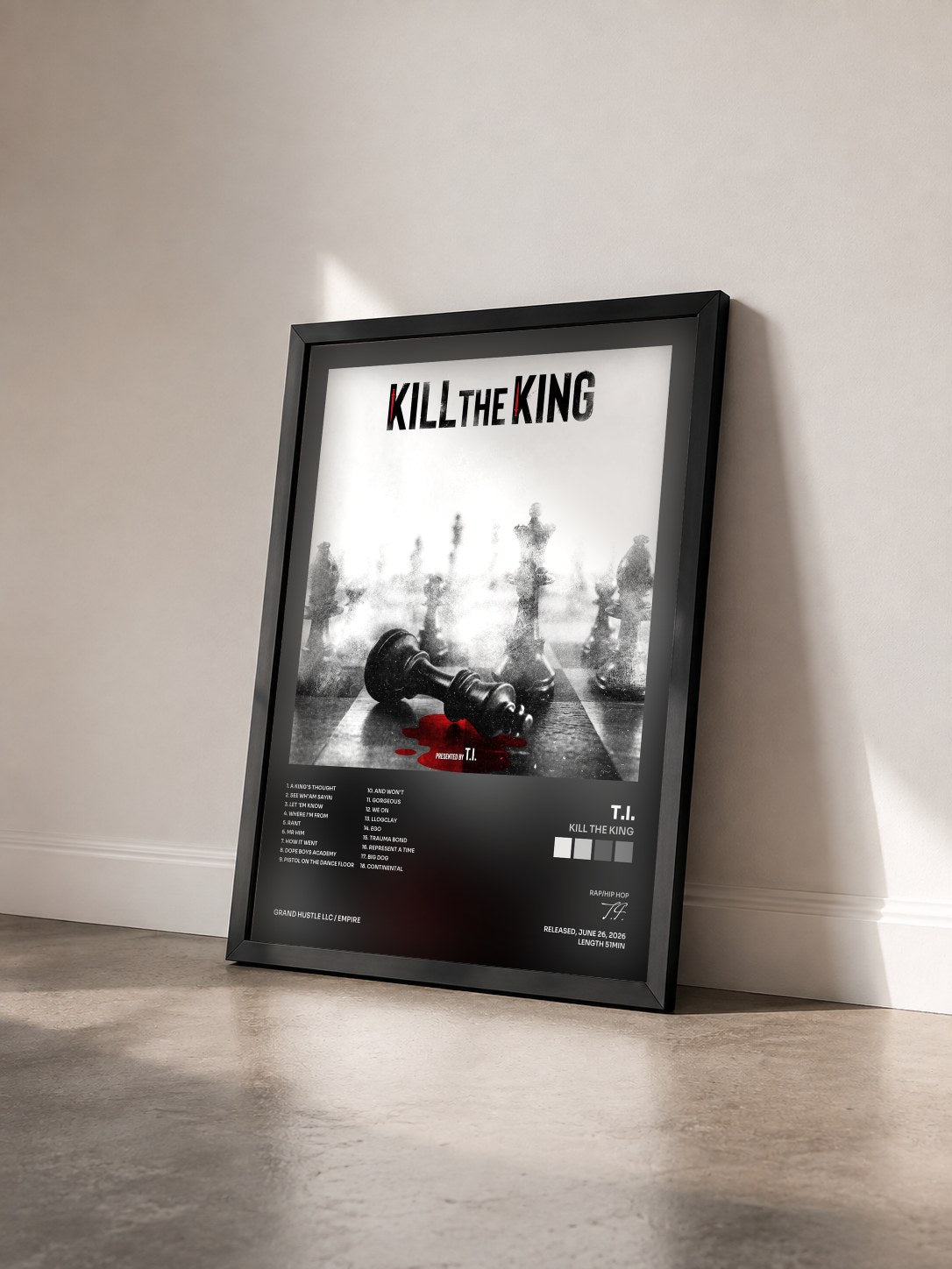 #noir KILL THE KING by T.I. as a framed art print seen at an angle, black frame