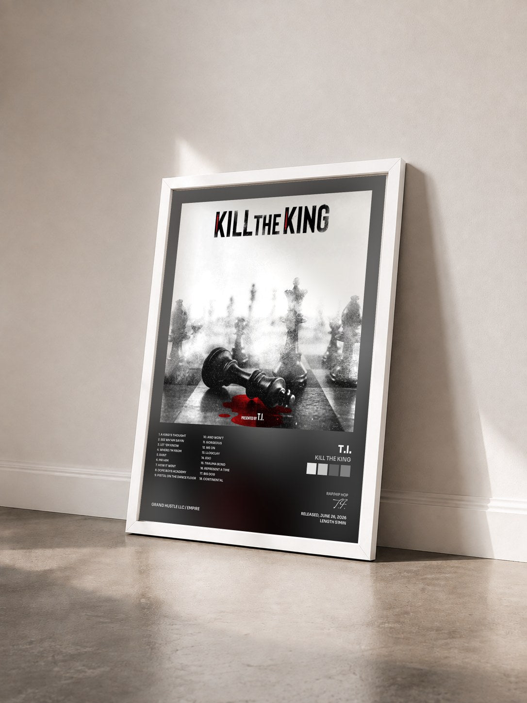 #blanc KILL THE KING by T.I. as a framed art print seen at an angle, white frame