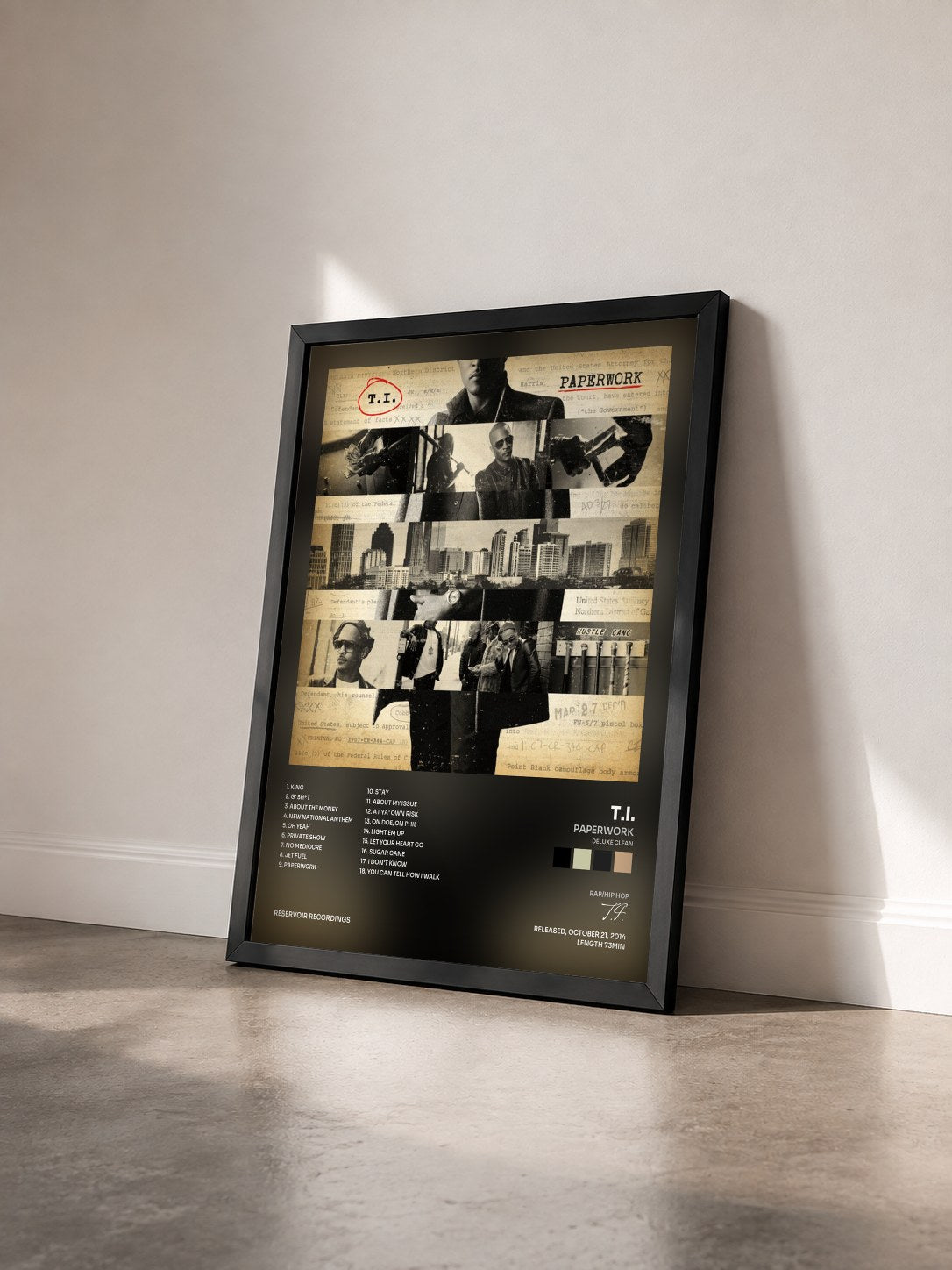 #noir Paperwork (Deluxe Clean) by T.I. as a framed art print seen at an angle, black frame