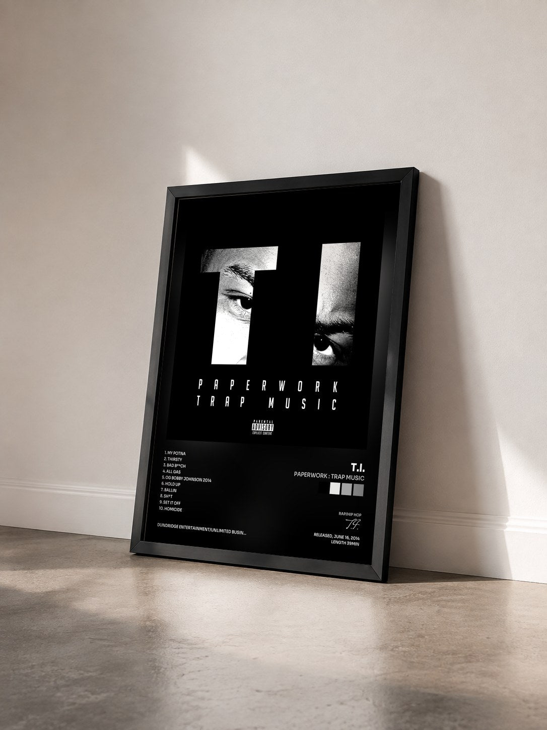 #noir Paperwork : Trap Music by T.I. as a framed art print seen at an angle, black frame
