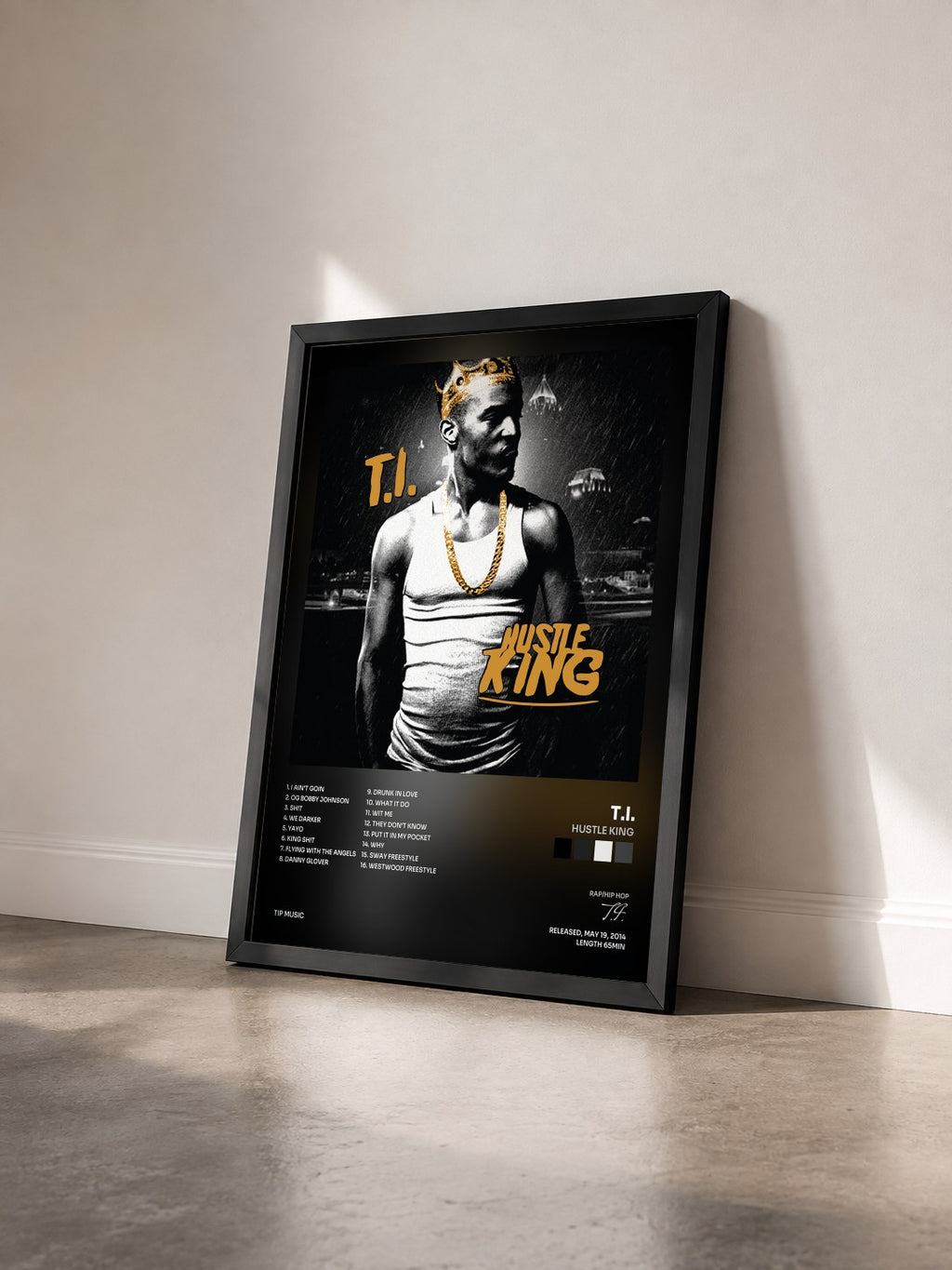 #noir Hustle King by T.I. as a framed art print seen at an angle, black frame