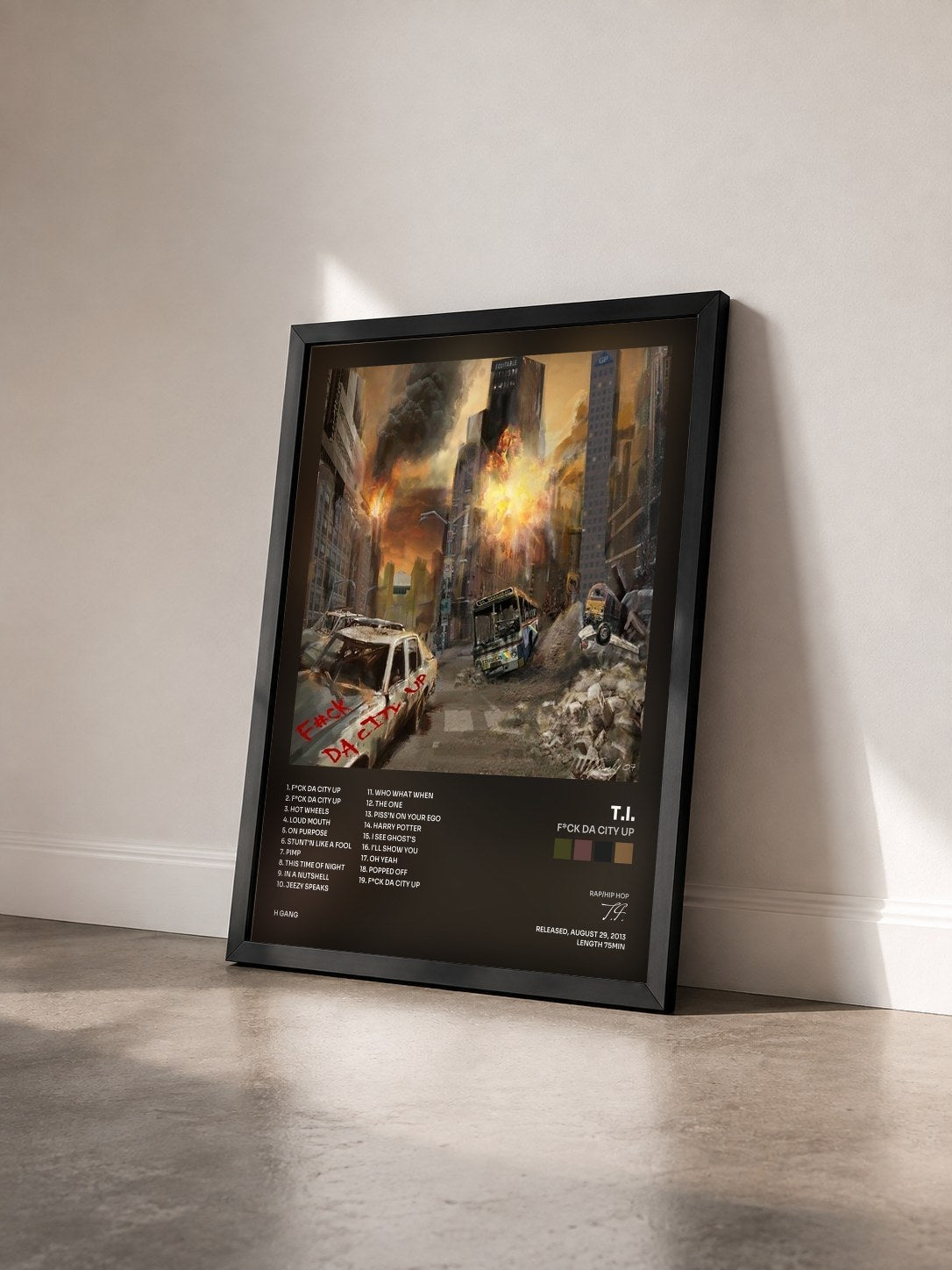 #noir F*ck Da City Up by T.I. as a framed art print seen at an angle, black frame