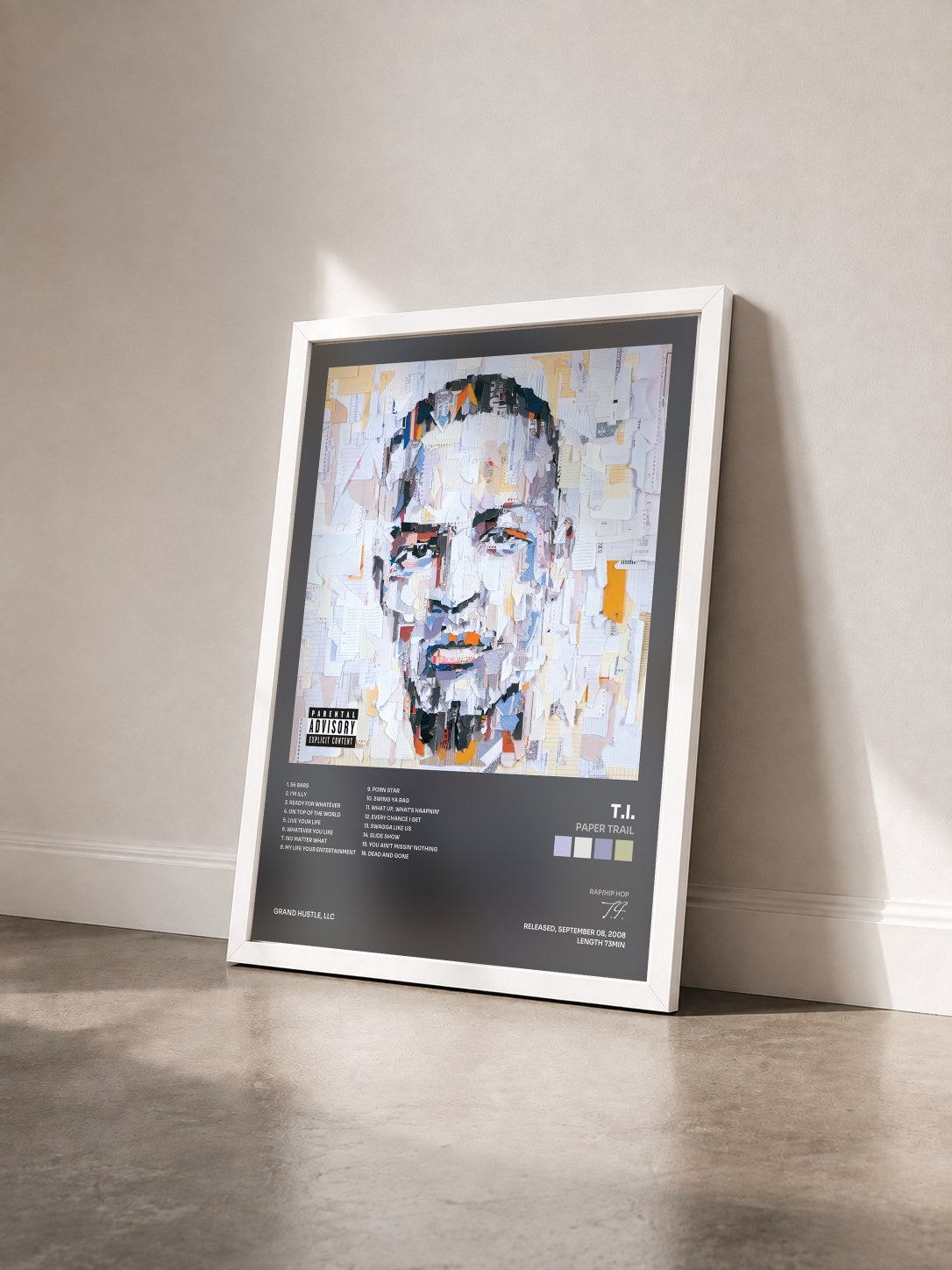 #blanc Paper Trail by T.I. as a framed art print seen at an angle, white frame