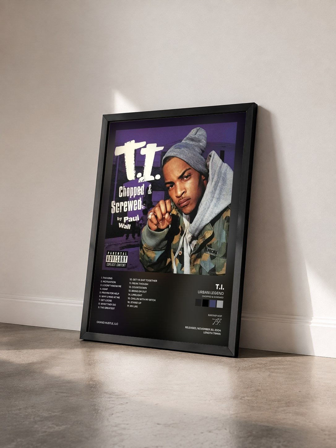 #noir Urban Legend (Chopped & Screwed) by T.I. as a framed art print seen at an angle, black frame