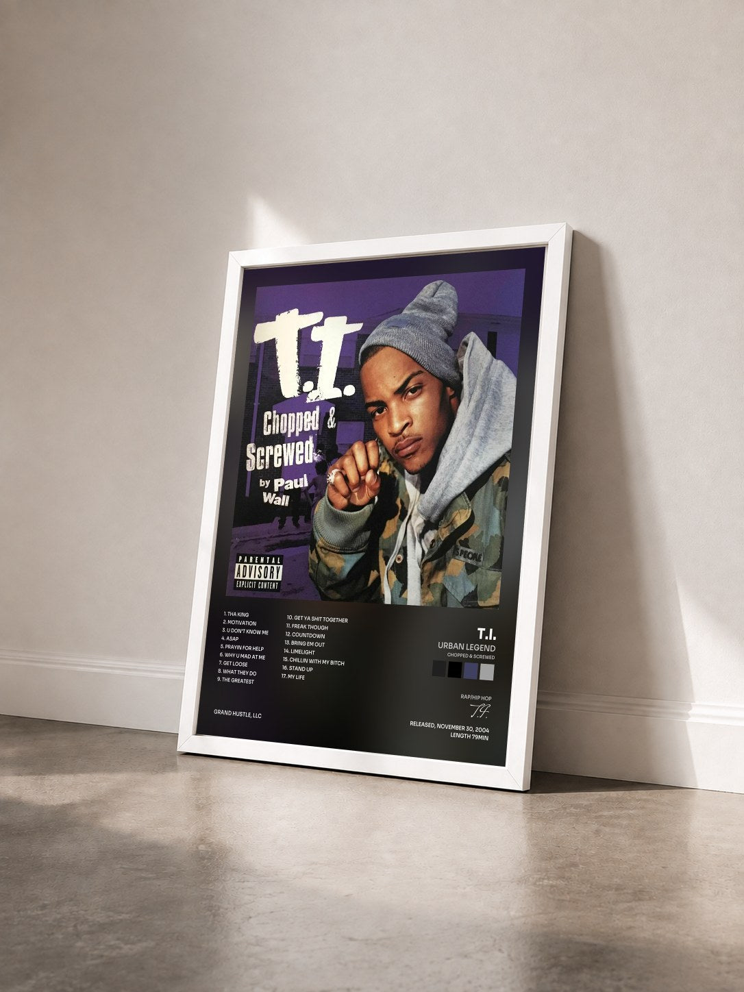 #blanc Urban Legend (Chopped & Screwed) by T.I. as a framed art print seen at an angle, white frame