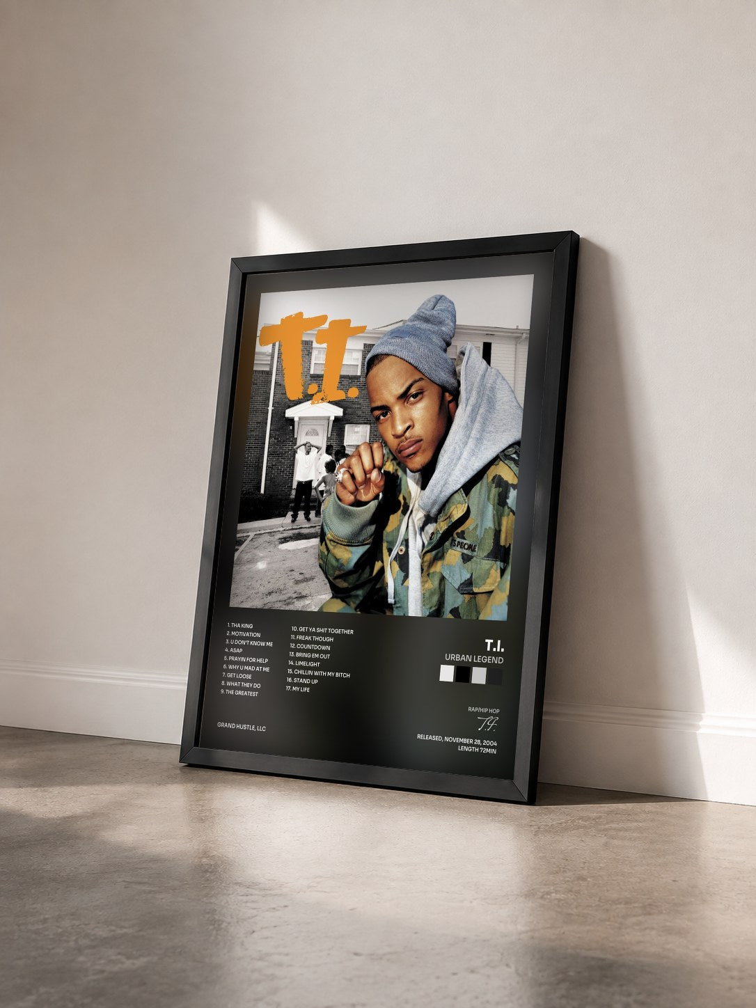 #noir Urban Legend by T.I. as a framed art print seen at an angle, black frame