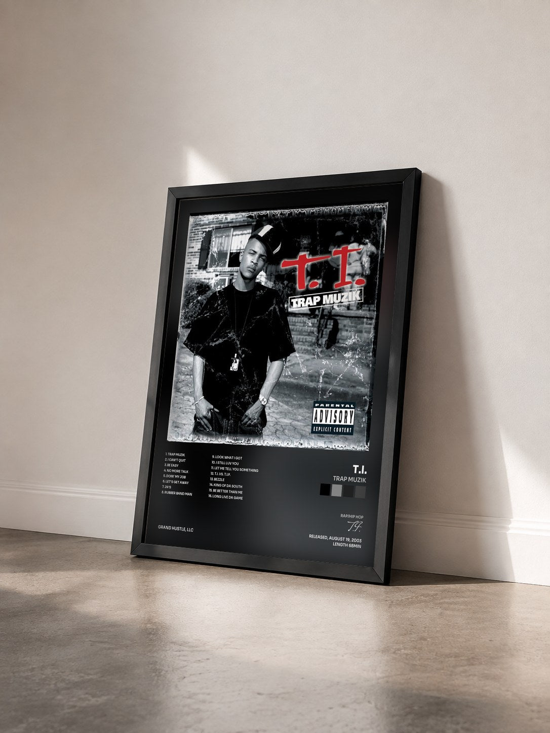 #noir Trap Muzik by T.I. as a framed art print seen at an angle, black frame