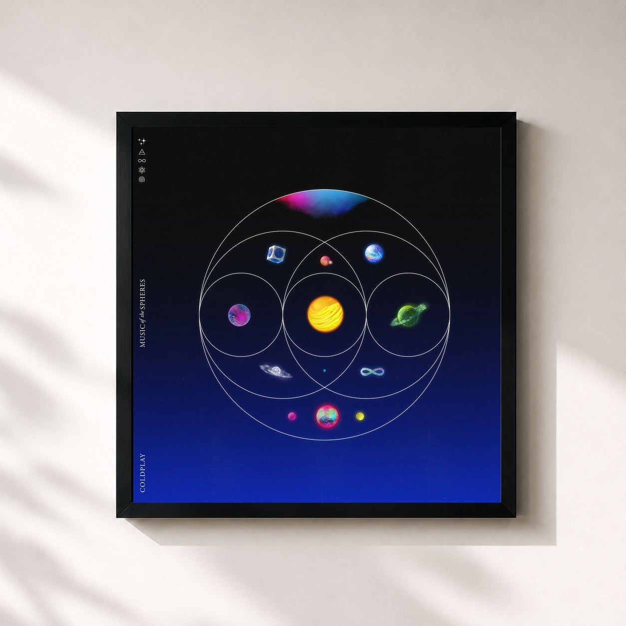 #noir Music Of The Spheres by Coldplay as a square framed art print, black 32x32 cm frame