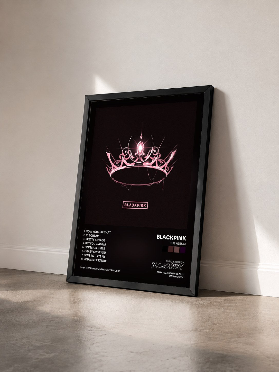 #noir THE ALBUM by BLACKPINK as a framed art print seen at an angle, black frame