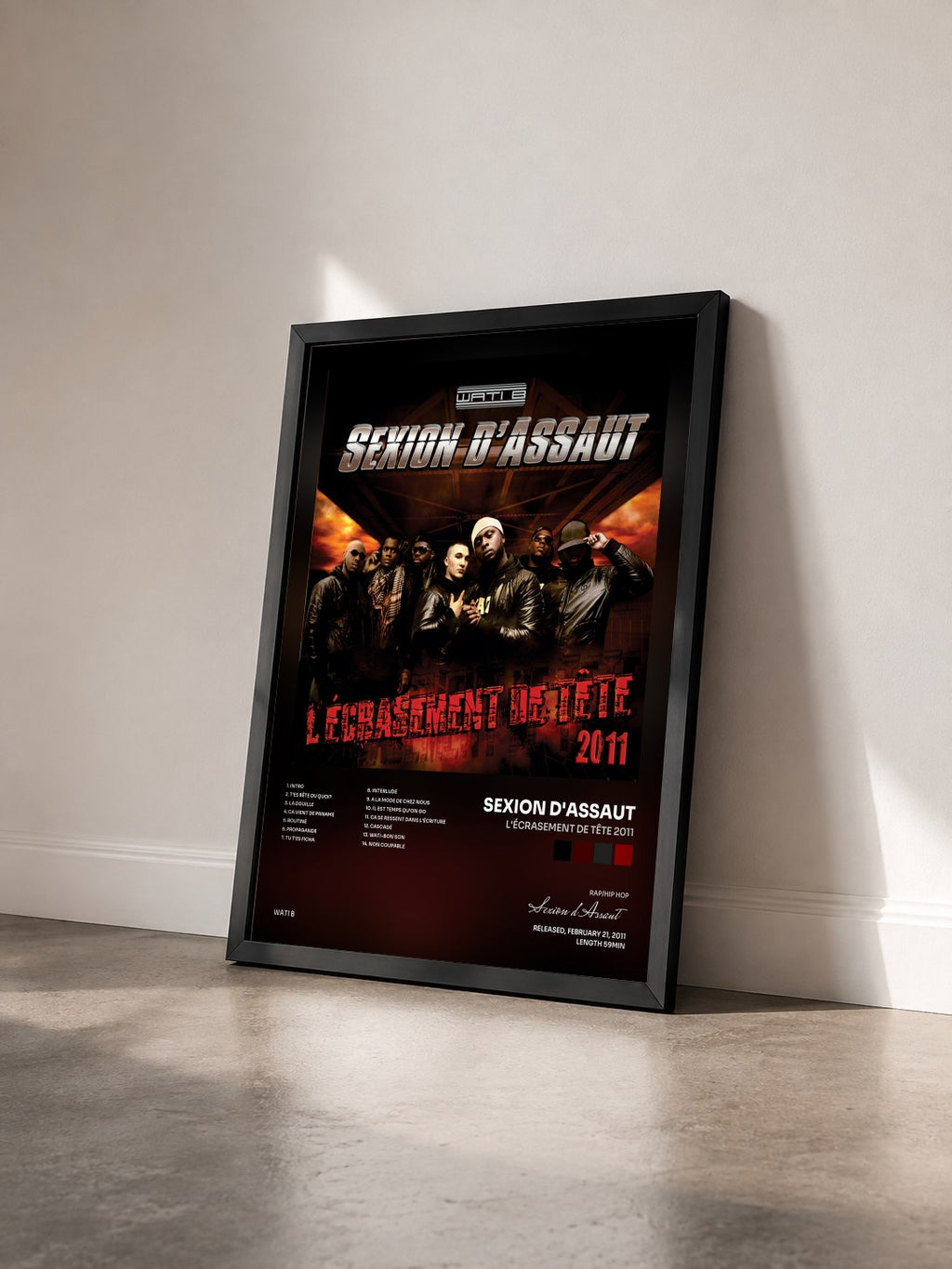 #noir L'écrasement by Tête 2011 de Sexion d'Assaut as a framed art print seen at an angle, black frame