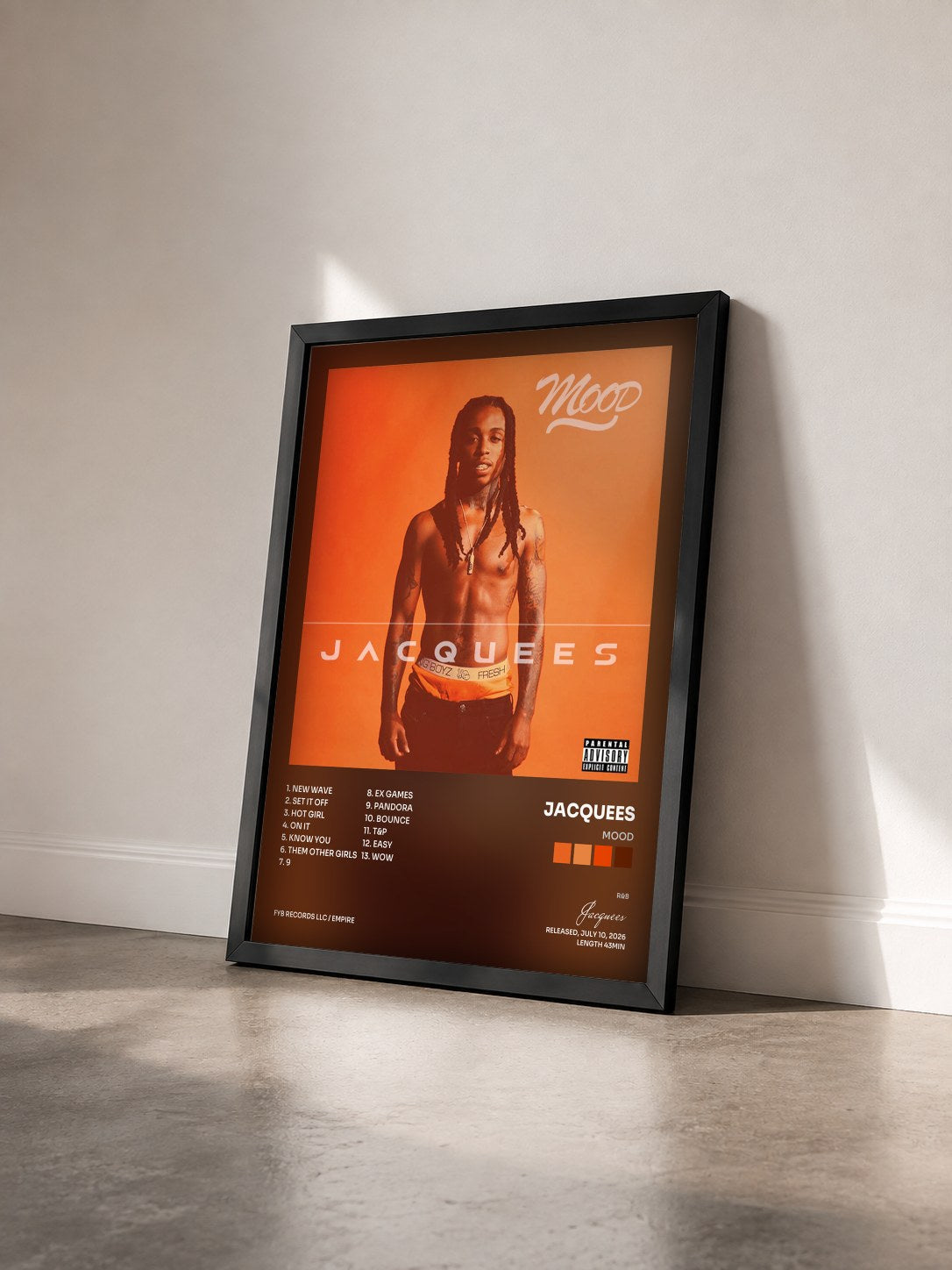 #noir Tableau de l'album Mood de Jacquees vu de trois quarts, cadre noir