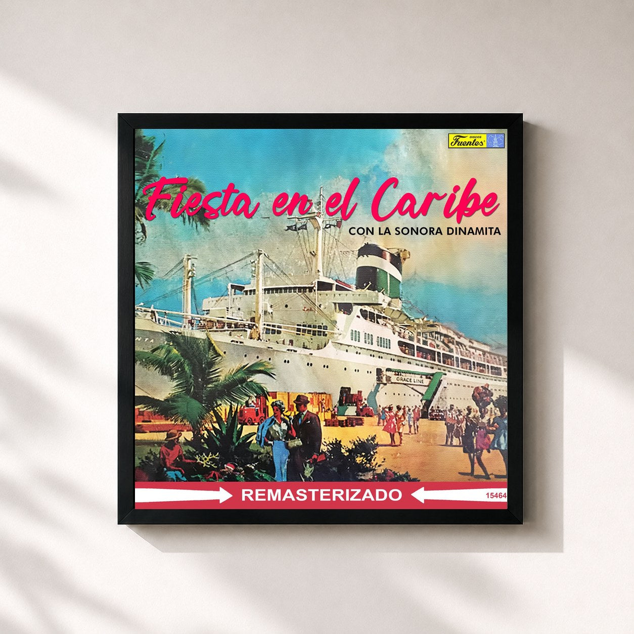 #noir Tableau carré de l'album Fiesta en El Caribe de La Sonora Dinamita, cadre noir 32x32 cm
