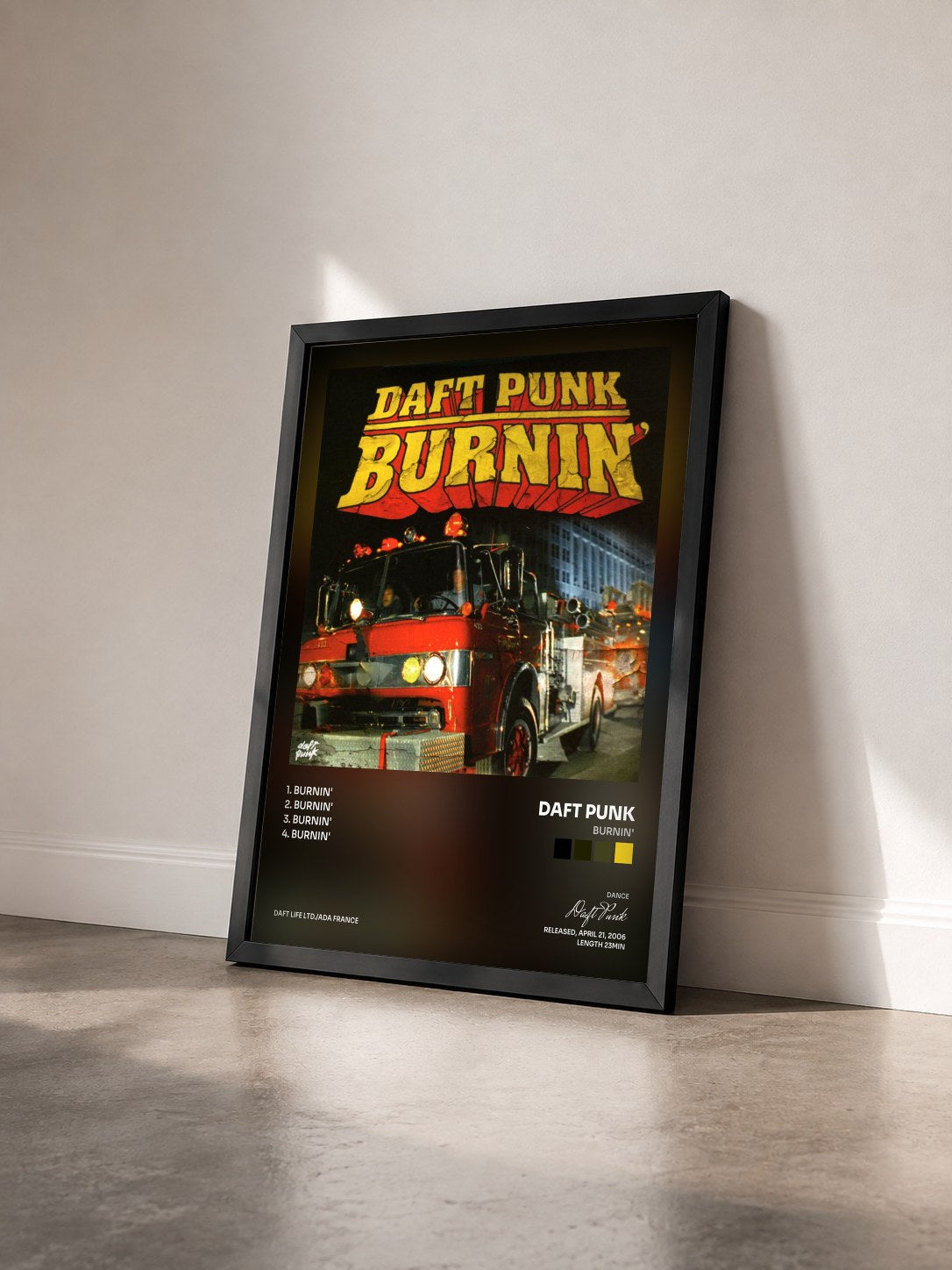 #noir Tableau de l'album Burnin' de Daft Punk vu de trois quarts, cadre noir