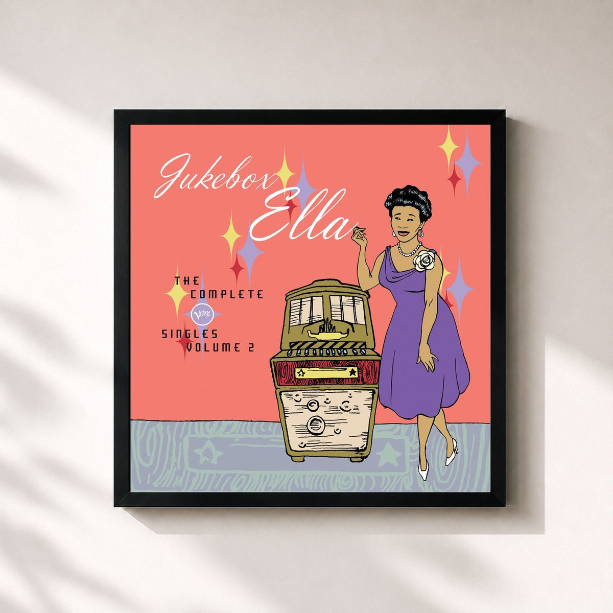 #noir Tableau carré de l'album Jukebox Ella: The Complete Verve Singles, Vol. 2 de Ella Fitzgerald, cadre noir 32x32 cm