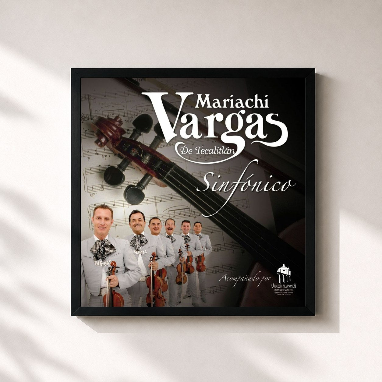 #noir Tableau carré de l'album Sinfonico de Mariachi Vargas De Tecalitlan, cadre noir 32x32 cm
