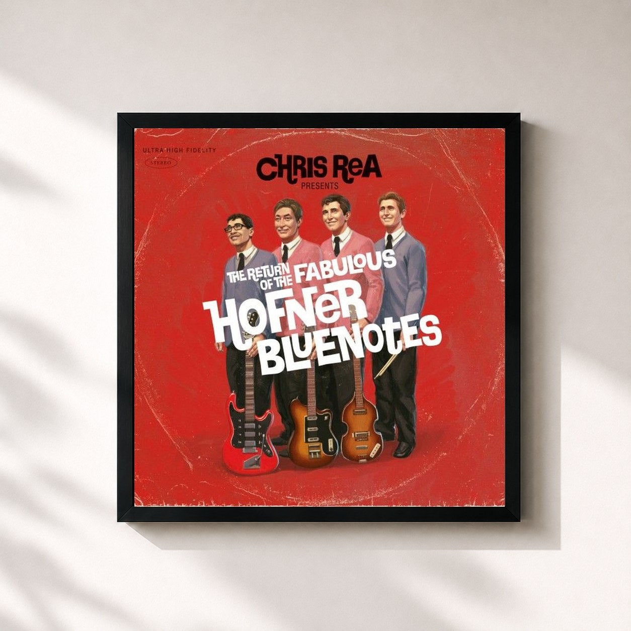 #noir Tableau carré de l'album The Return of the Fabulous Hofner Bluenotes de Chris Rea, cadre noir 32x32 cm