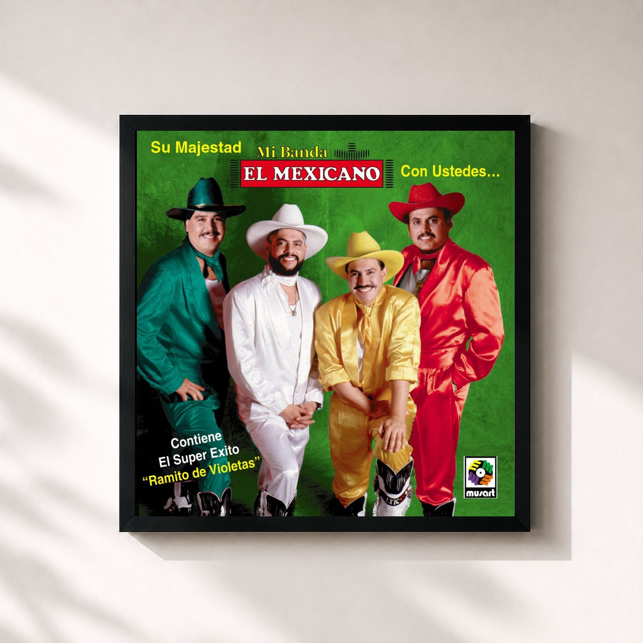 #noir Tableau carré de l'album Su Majestad con Ustedes de Mi Banda El Mexicano, cadre noir 32x32 cm