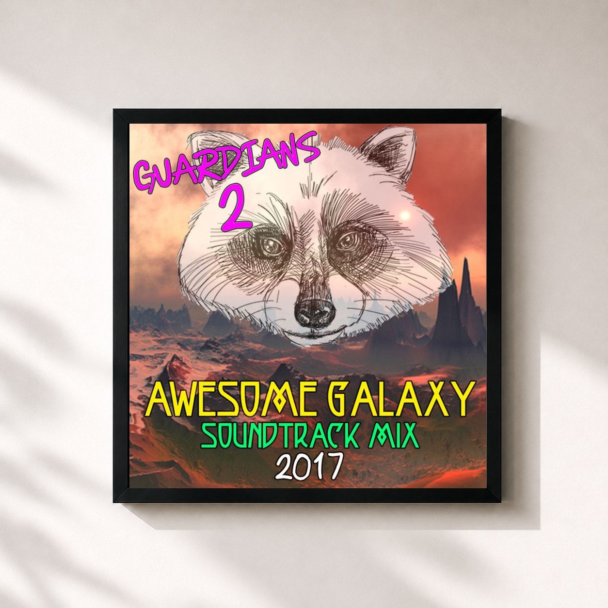 #noir Tableau carré de l'album Guardians 2: Awesome Galaxy Mix Soundtrack 2017 de Fandom, cadre noir 32x32 cm