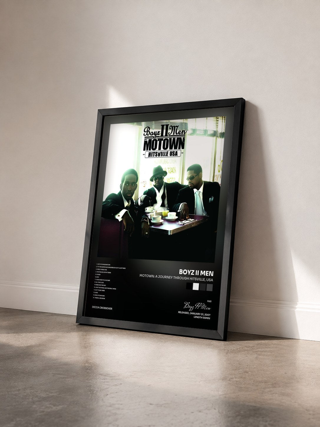 #noir Tableau de l'album Motown: A Journey Through Hitsville, USA de Boyz II Men vu de trois quarts, cadre noir
