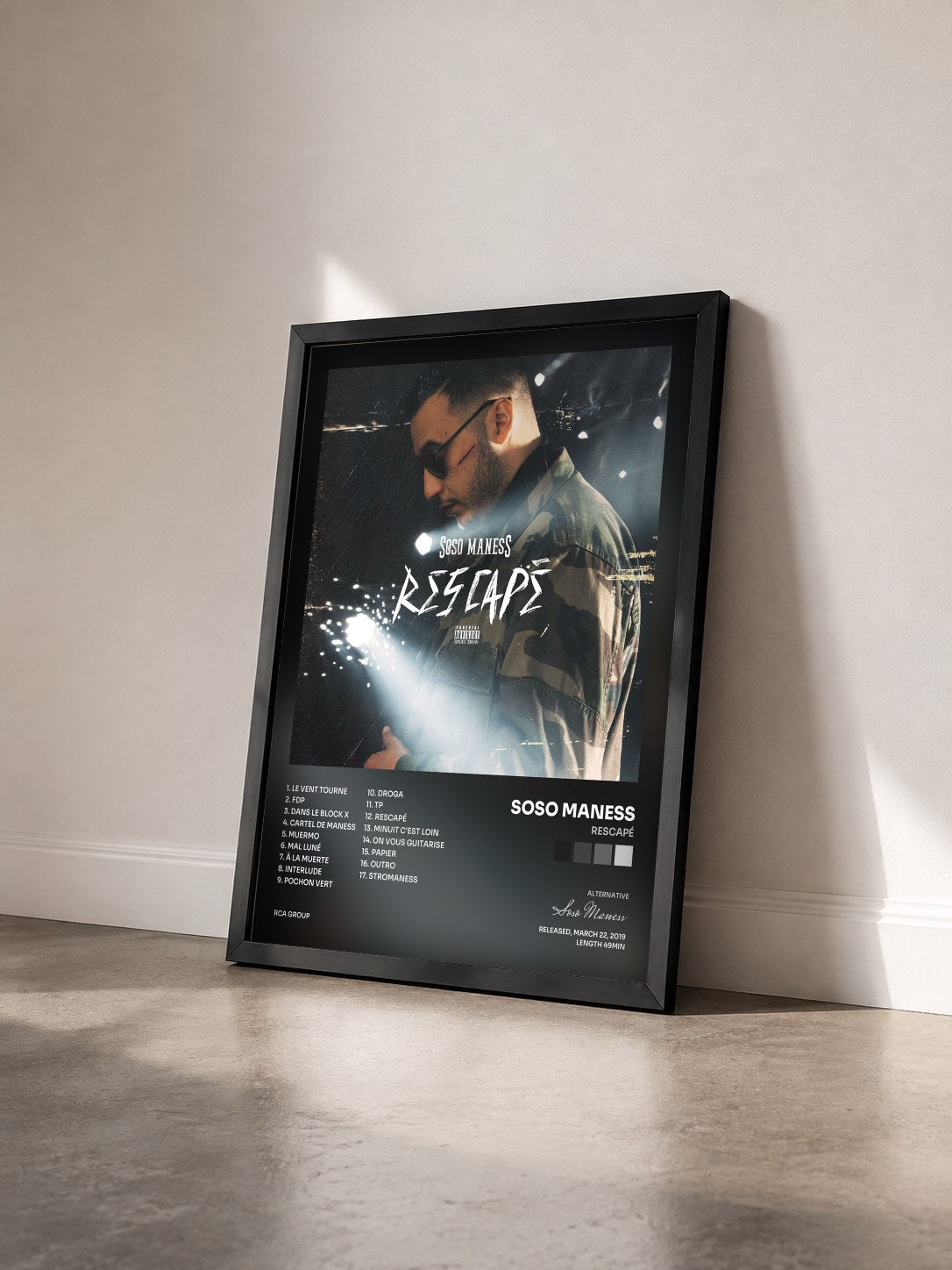 #noir Rescapé by Soso Maness as a framed art print seen at an angle, black frame