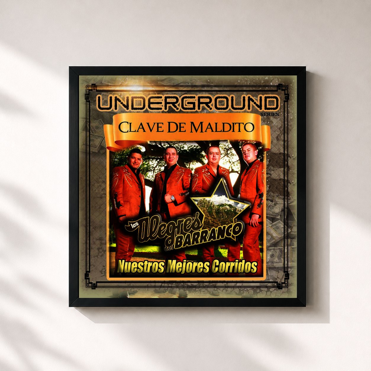 #noir Tableau carré de l'album Nuestros Mejores Corridos de Los Alegres Del Barranco, cadre noir 32x32 cm
