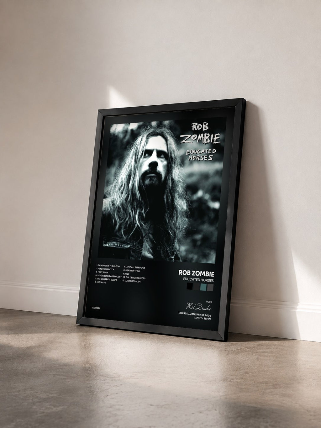#noir Educated Horses de Rob Zombie en lámina enmarcada vista de tres cuartos, marco negro