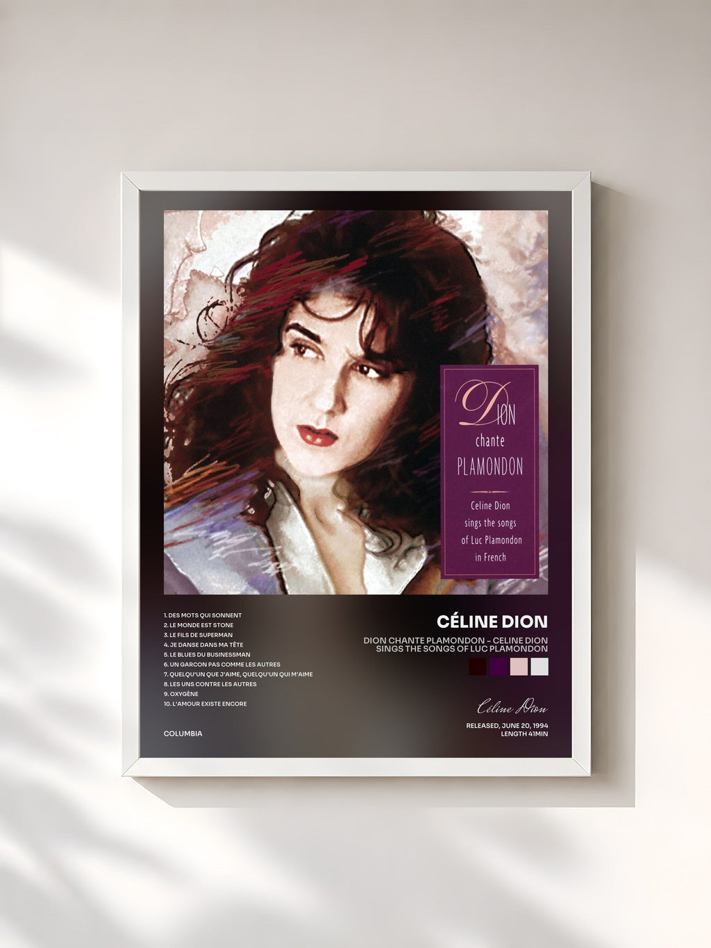 #blanc Dion Chante Plamondon - Celine Dion Sings The Songs Of Luc Plamondon by Céline Dion as a framed art print, white frame, printed and framed in France