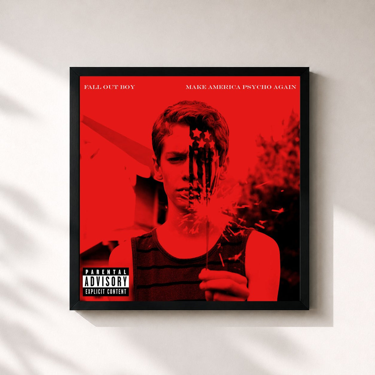 #noir Make America Psycho Again by Fall Out Boy as a square framed art print, black 32x32 cm frame