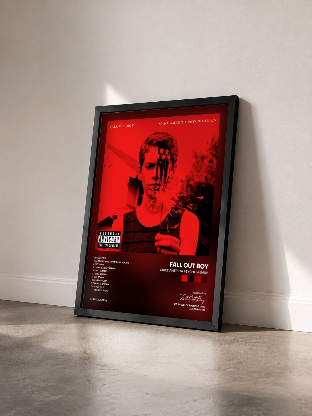 #noir Make America Psycho Again by Fall Out Boy as a framed art print seen at an angle, black frame