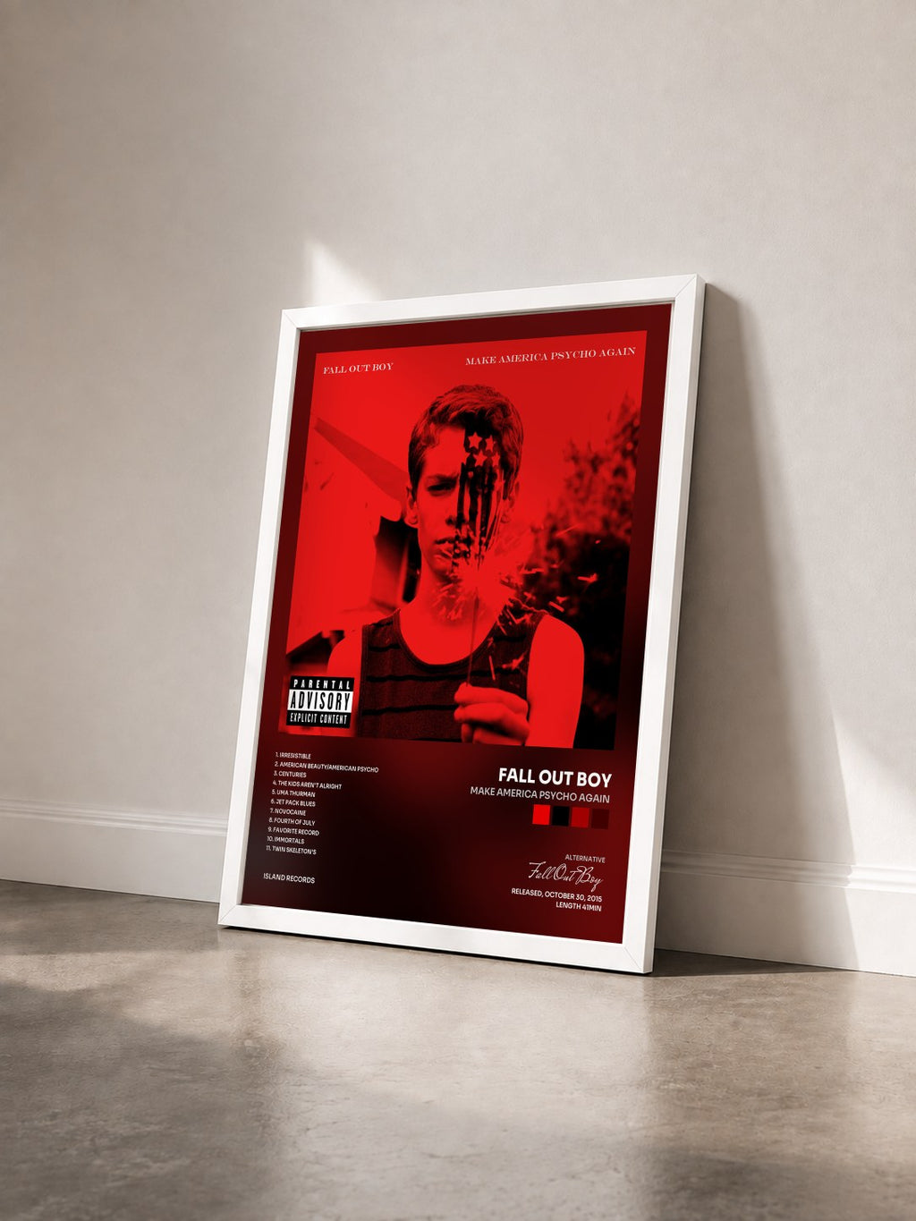 #blanc Make America Psycho Again by Fall Out Boy as a framed art print seen at an angle, white frame