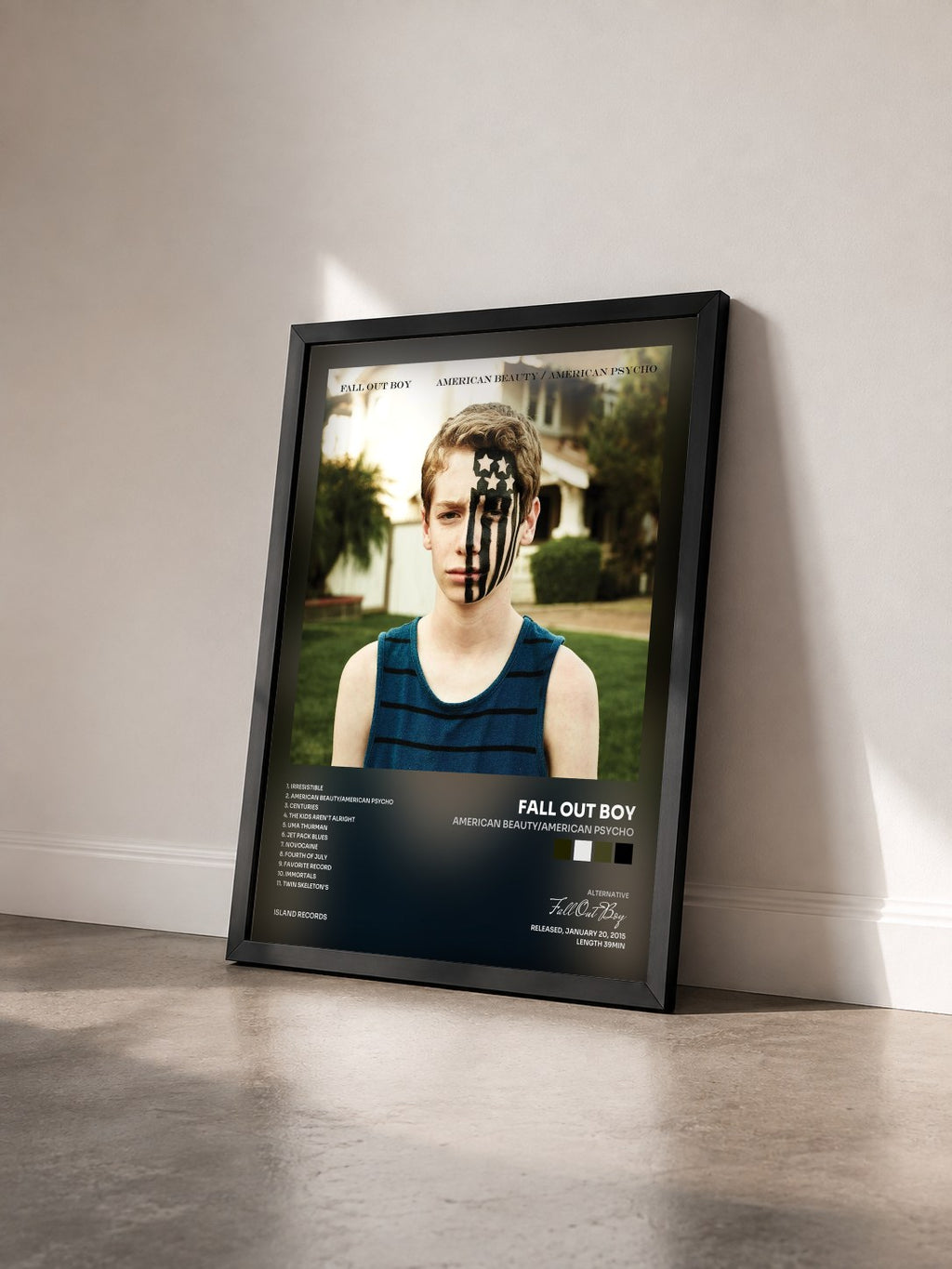 #noir Tableau de l'album American Beauty/American Psycho de Fall Out Boy vu de trois quarts, cadre noir