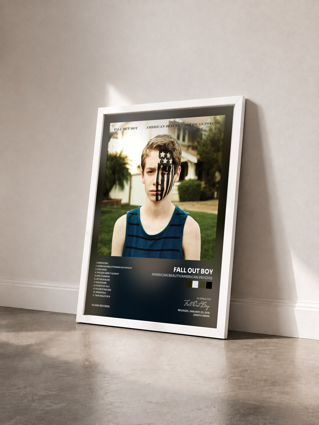 #blanc Tableau de l'album American Beauty/American Psycho de Fall Out Boy vu de trois quarts, cadre blanc