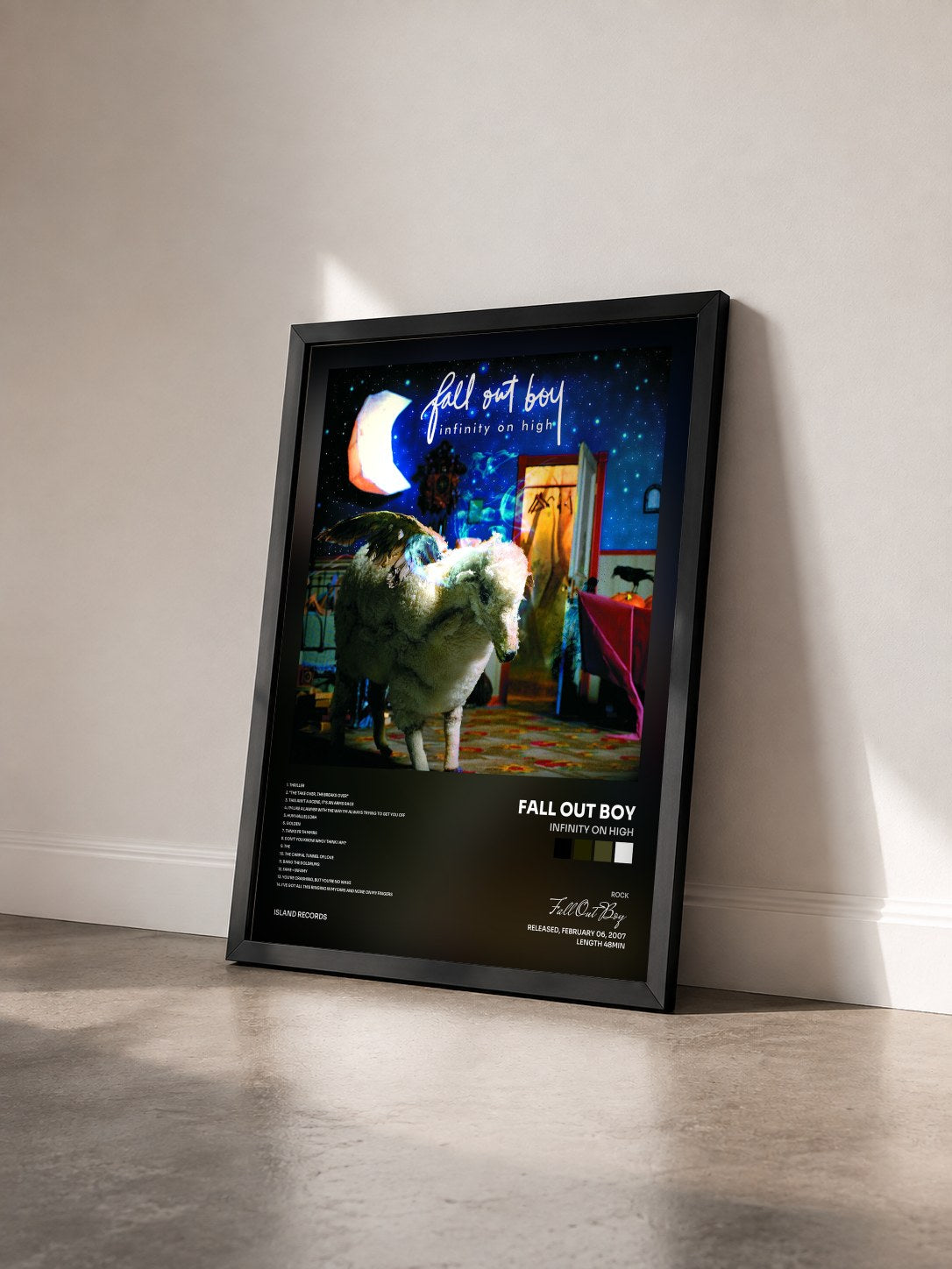 #noir Infinity On High by Fall Out Boy as a framed art print seen at an angle, black frame