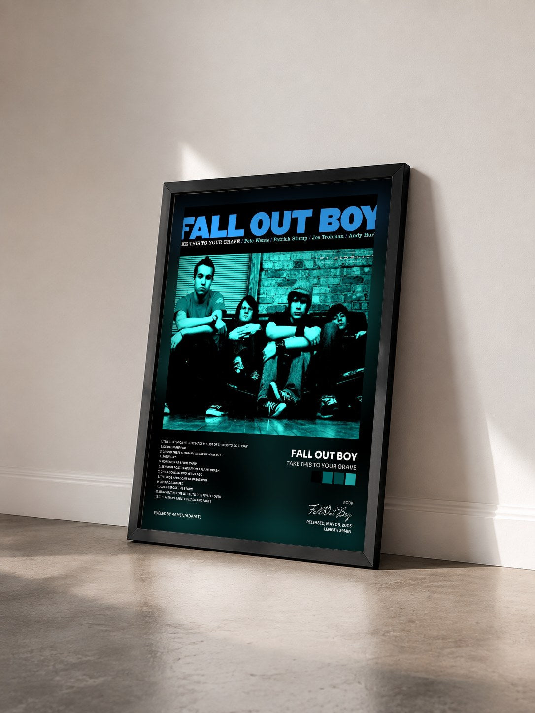 #noir Take This to Your Grave by Fall Out Boy as a framed art print seen at an angle, black frame