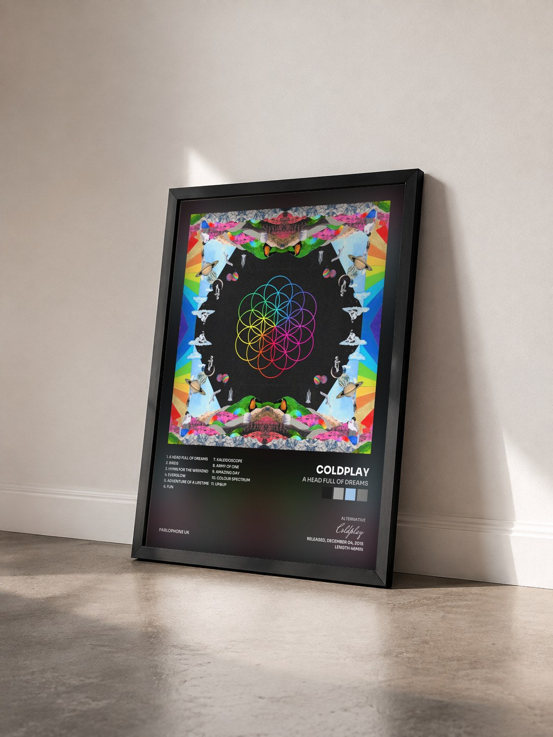 #noir Tableau de l'album A Head Full of Dreams de Coldplay vu de trois quarts, cadre noir