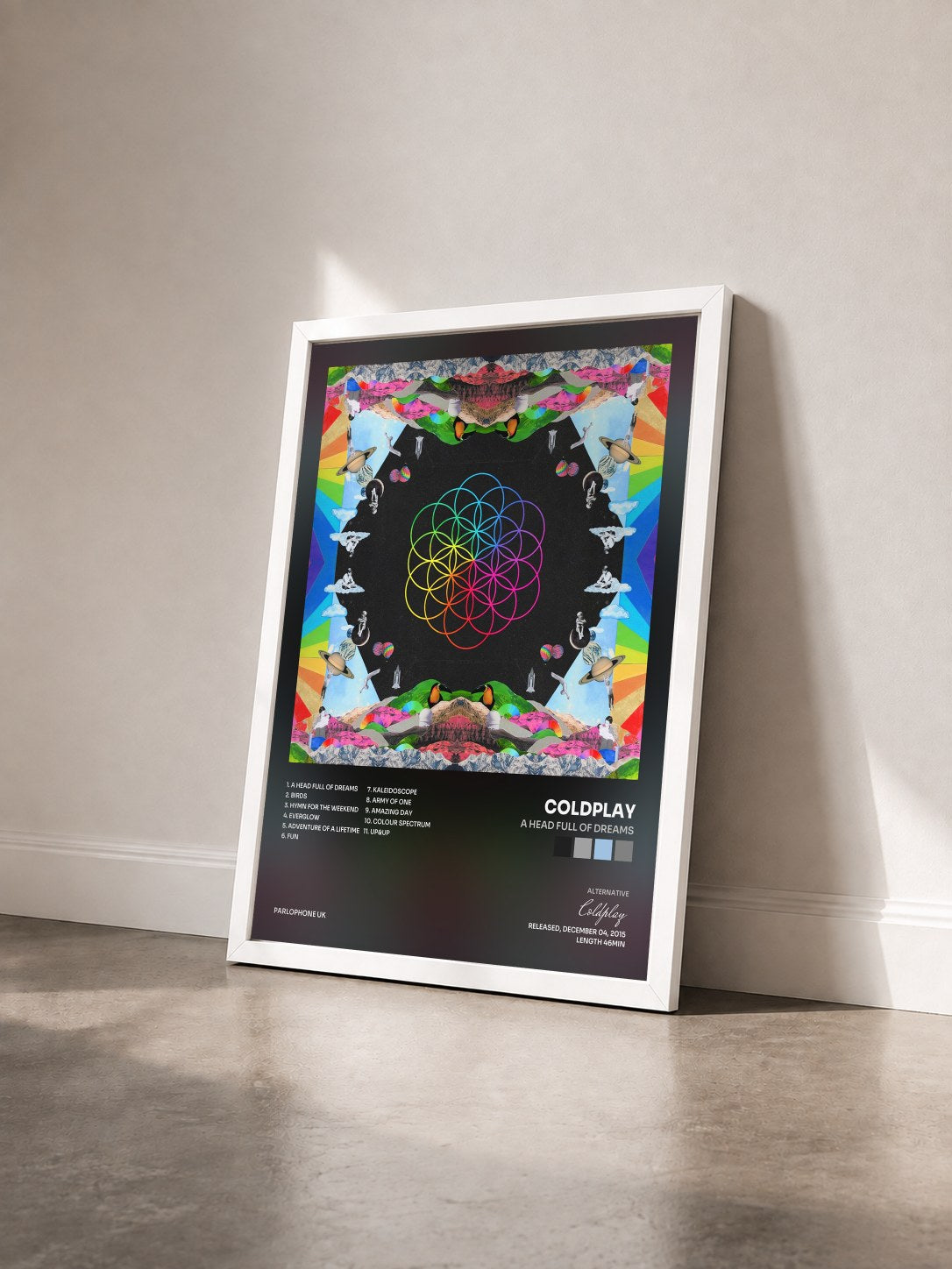 #blanc Tableau de l'album A Head Full of Dreams de Coldplay vu de trois quarts, cadre blanc