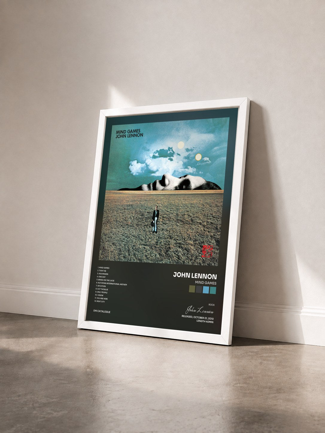 #blanc Tableau de l'album Mind Games de John Lennon vu de trois quarts, cadre blanc