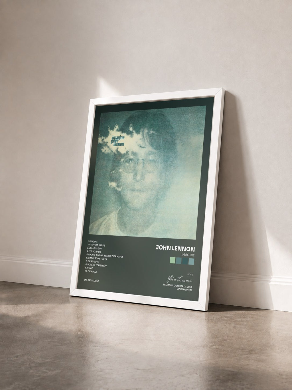 #blanc Imagine von John Lennon als gerahmter Kunstdruck von schräg gesehen, weißer Rahmen