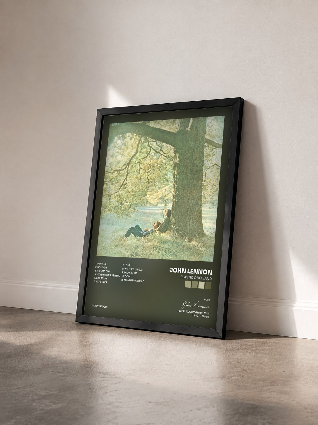 #noir Tableau de l'album Plastic Ono Band de John Lennon vu de trois quarts, cadre noir
