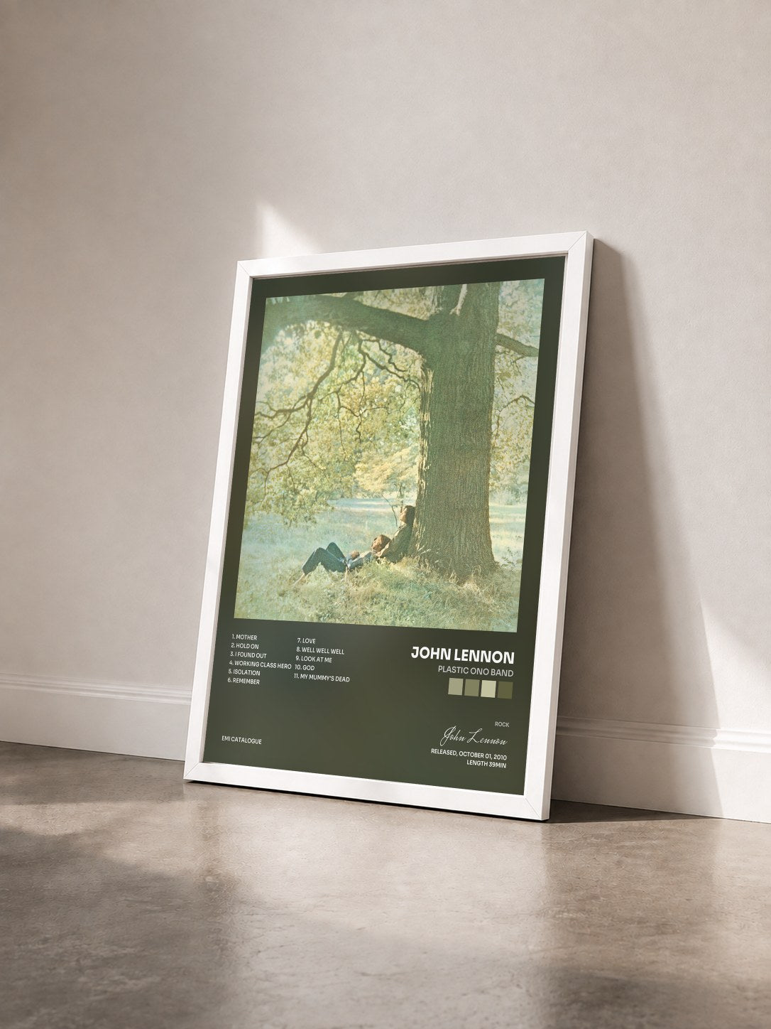 #blanc Tableau de l'album Plastic Ono Band de John Lennon vu de trois quarts, cadre blanc