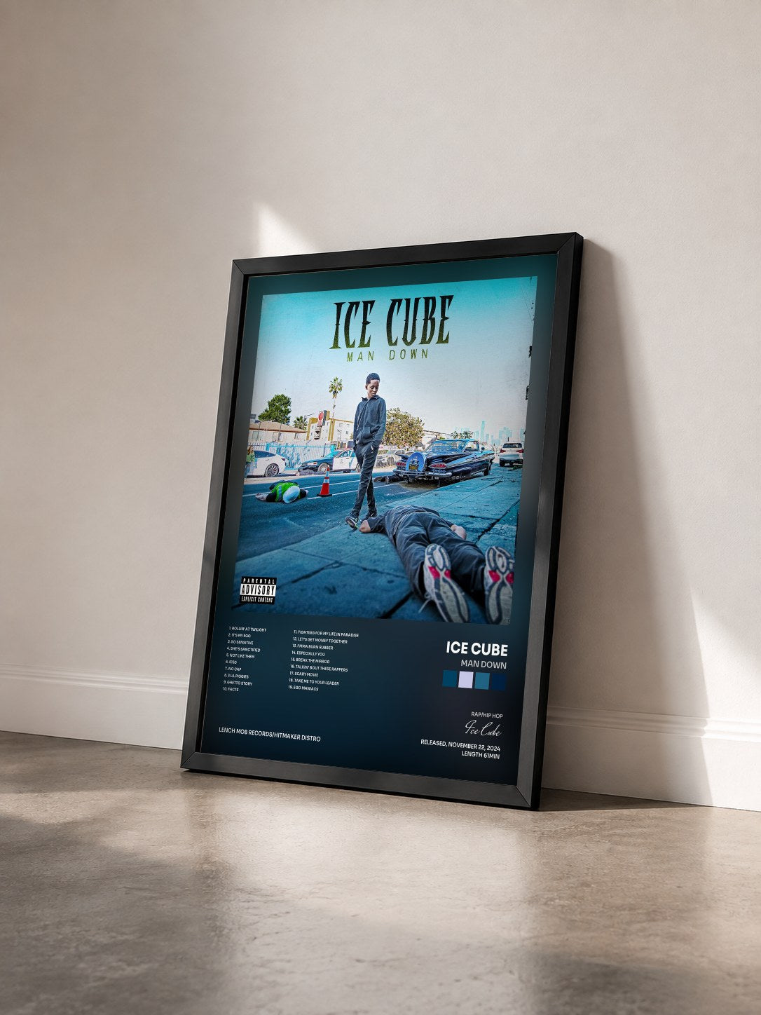 #noir Tableau de l'album Man Down de Ice Cube vu de trois quarts, cadre noir
