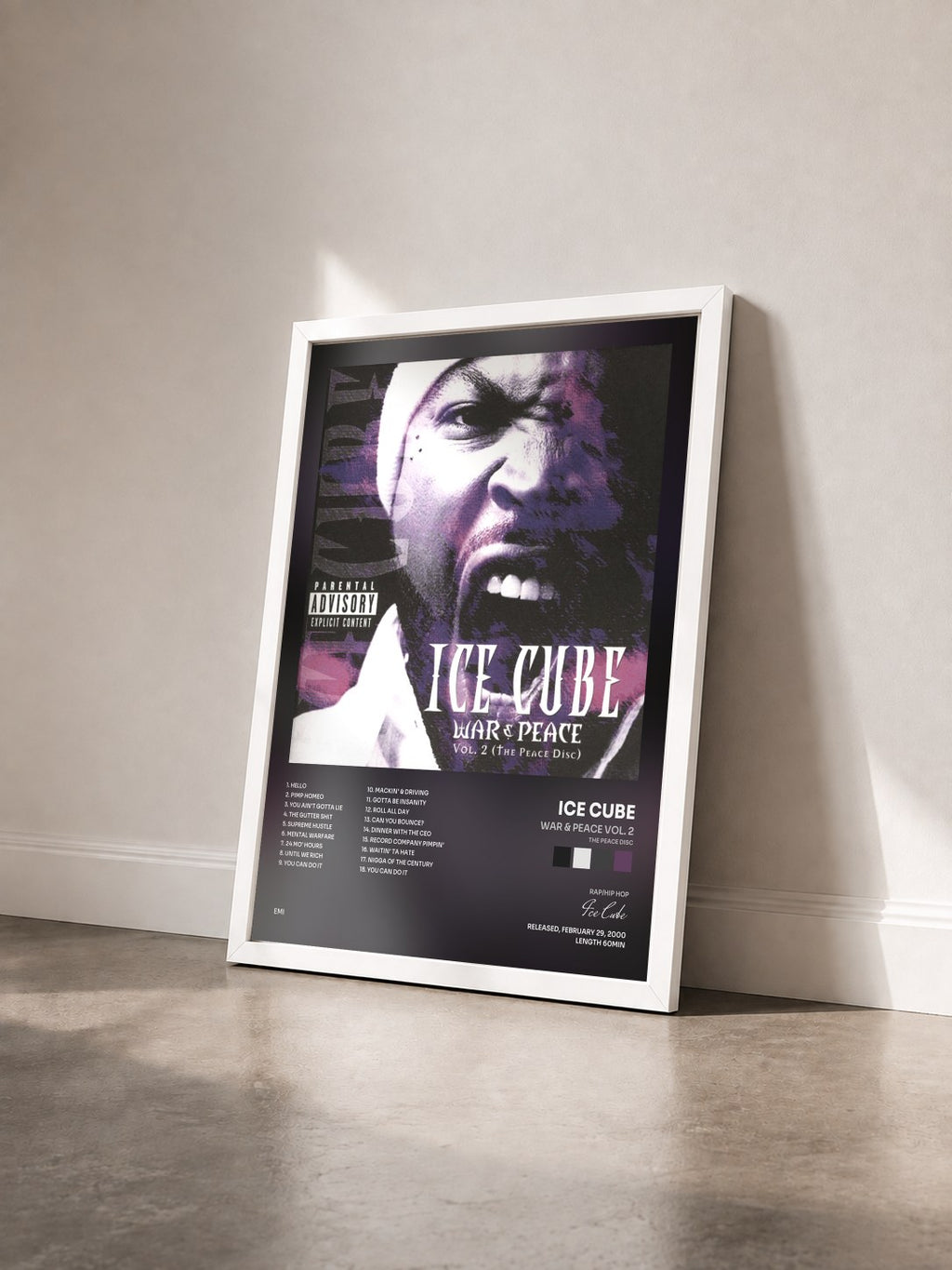 #blanc War & Peace Vol. 2 (The Peace Disc) de Ice Cube en lámina enmarcada vista de tres cuartos, marco blanco